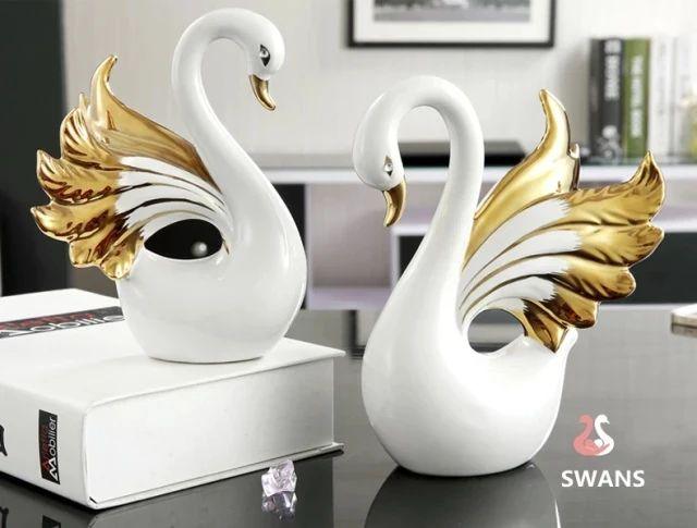 2 Pcs Couple Swan Ceramic Ornaments