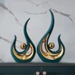 2 Pcs Green and Gold Modern Ceramic Abstract Art Decor Set
