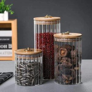 3 Pcs Borosilicate Glass Storage Jar Set with Airtight Bamboo Lid and Metal Ring