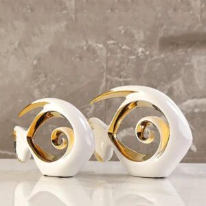 2 Pcs Fish Sculpture White Gold Ceramic Statue