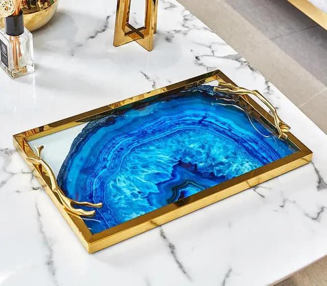 American Gold Frame Blue Agate Decorative Tray
