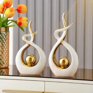2 Pcs White Gold Modern Abstract Art Ceramic Statue Set