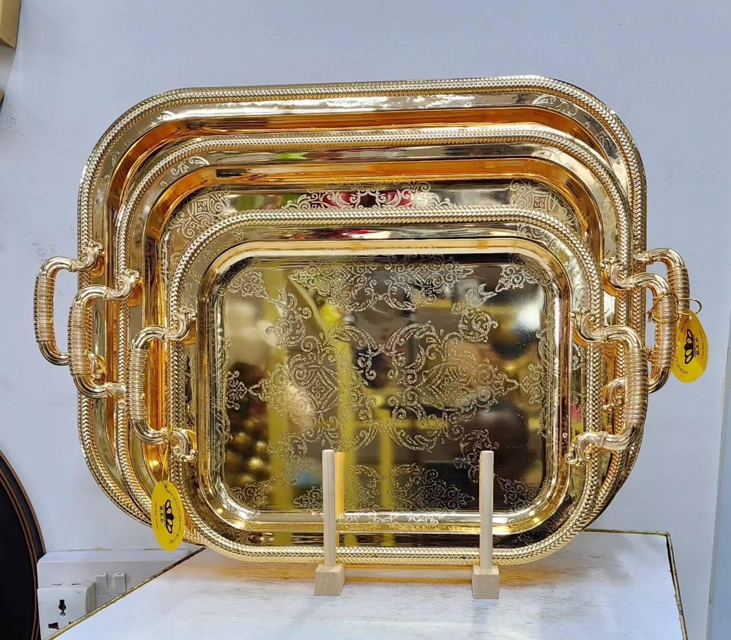 3 pcs Gold Stainless Steel Serving Trays