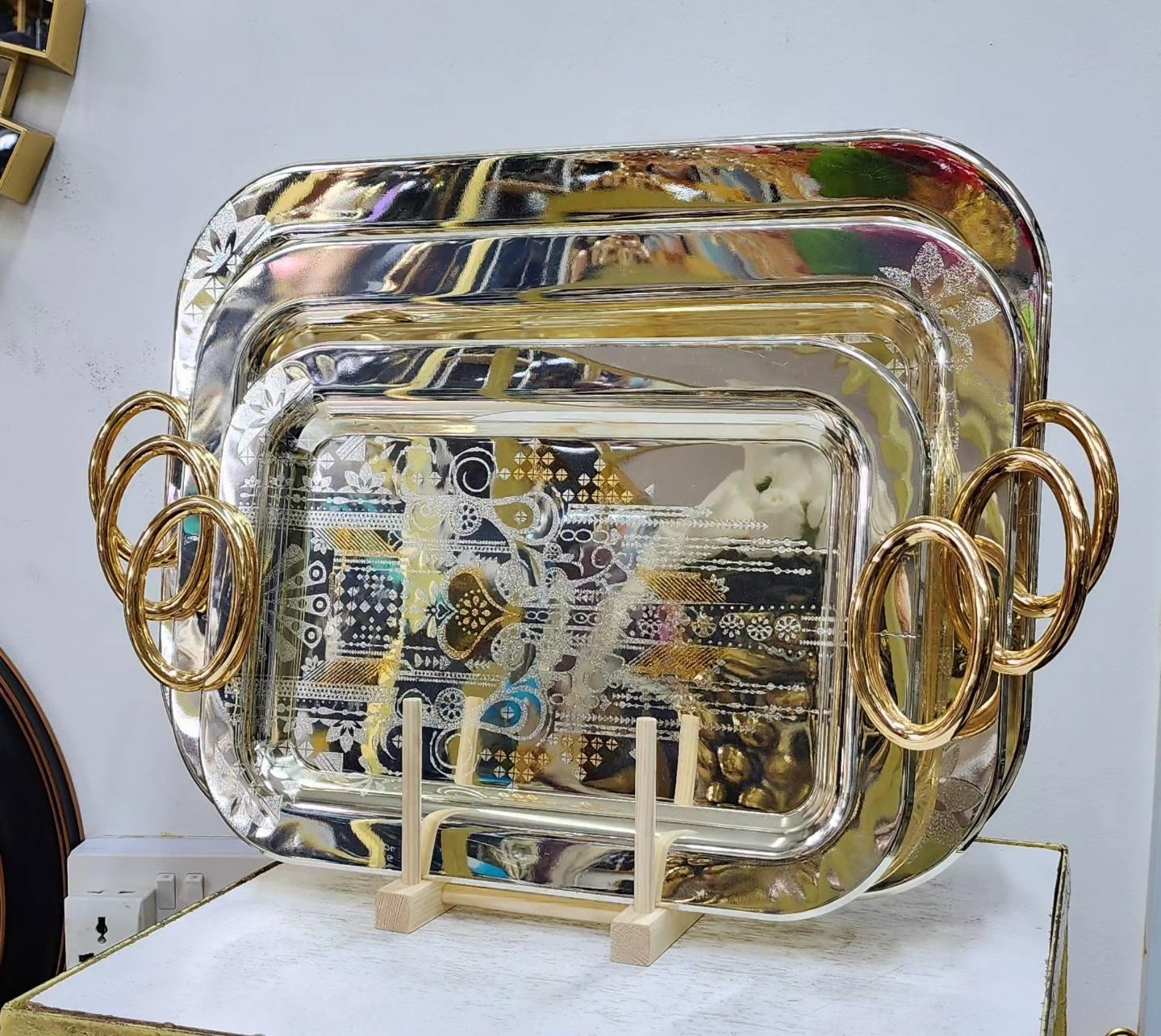 3 pcs Gold Stainless Steel Serving Trays