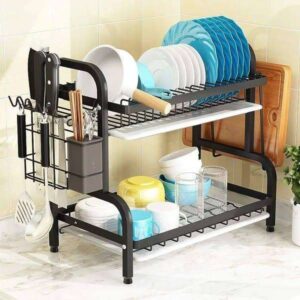 2-Tier Stainless Steel Dish Racks for Kitchen Counter, Small Plate Rack Organizer, Space Saving, Black