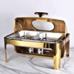 gold rectangular roll top chaffing dish