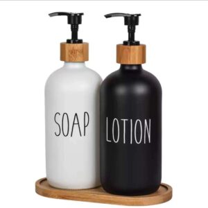 Hand Soap and Lotion Dispenser with Premium Bamboo Pump and Tray, 2 Pack, Rustproof Thick Glass Pint Glasses for Kitchen and Bathroom