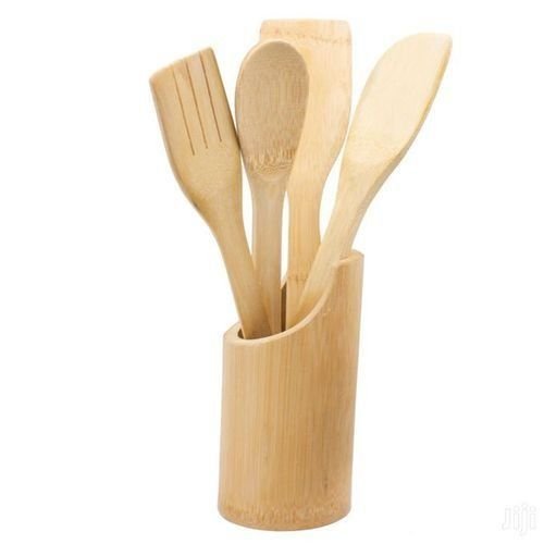 4pcs Bamboo Wooden Cooking Spoons Plus 1 Holder
