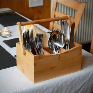 Silverware Caddy With Napkin Holder, 1 Durable Outdoor Utensil Holder - Built-In Handle, 4 Slots, Natural Bamboo Picnic Silverware Holder, For Knives, Forks, And Spoons
