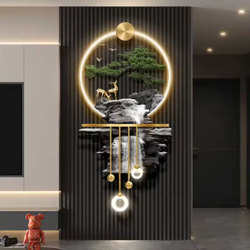 D,50x110cm,3D Wall Art Decor with LED Light, Flowing Water Brings Wealth Wall lamp Painting,Mountain Water Wall Sculptures,Welcome Song Wall Hanging Painting,for Home Entrance Corridor